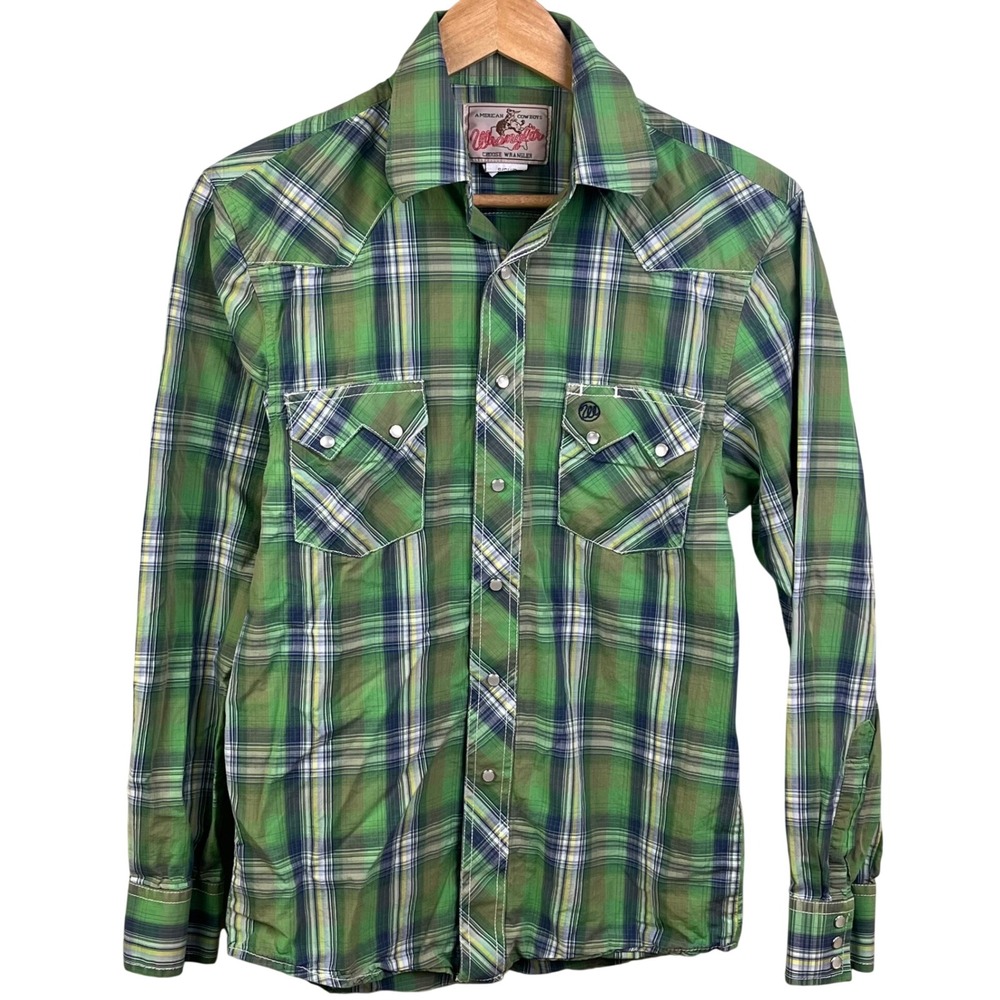 Wrangler Green White Plaid Pearl Snap Western Cowboy Long Sleeve Shirt Small
